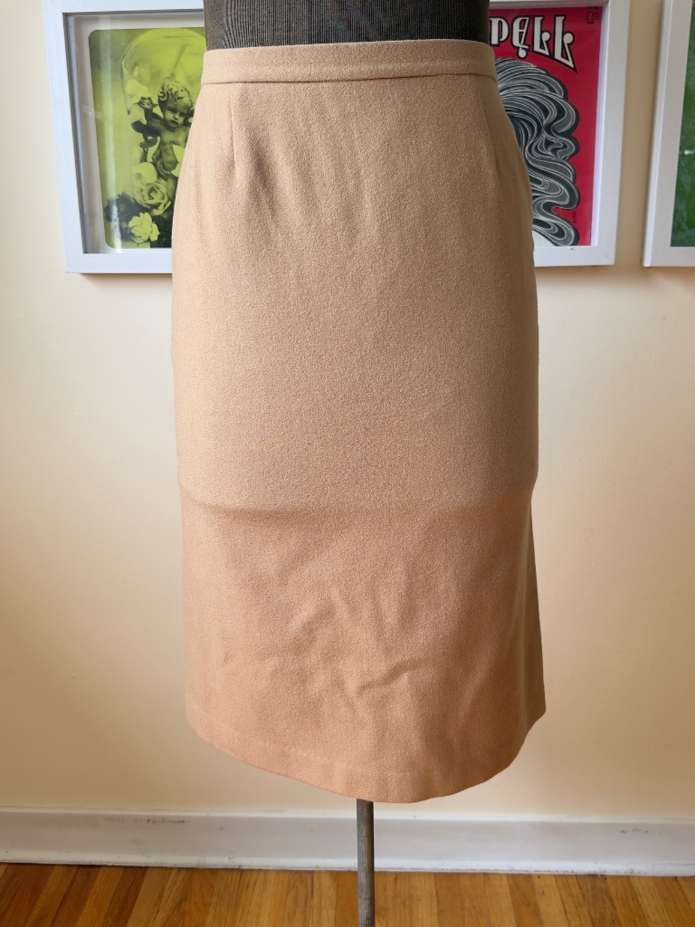 Vintage Camel Tan Wool-Feel Midi Pencil Skirt | High-Waisted Minimalist Tailored